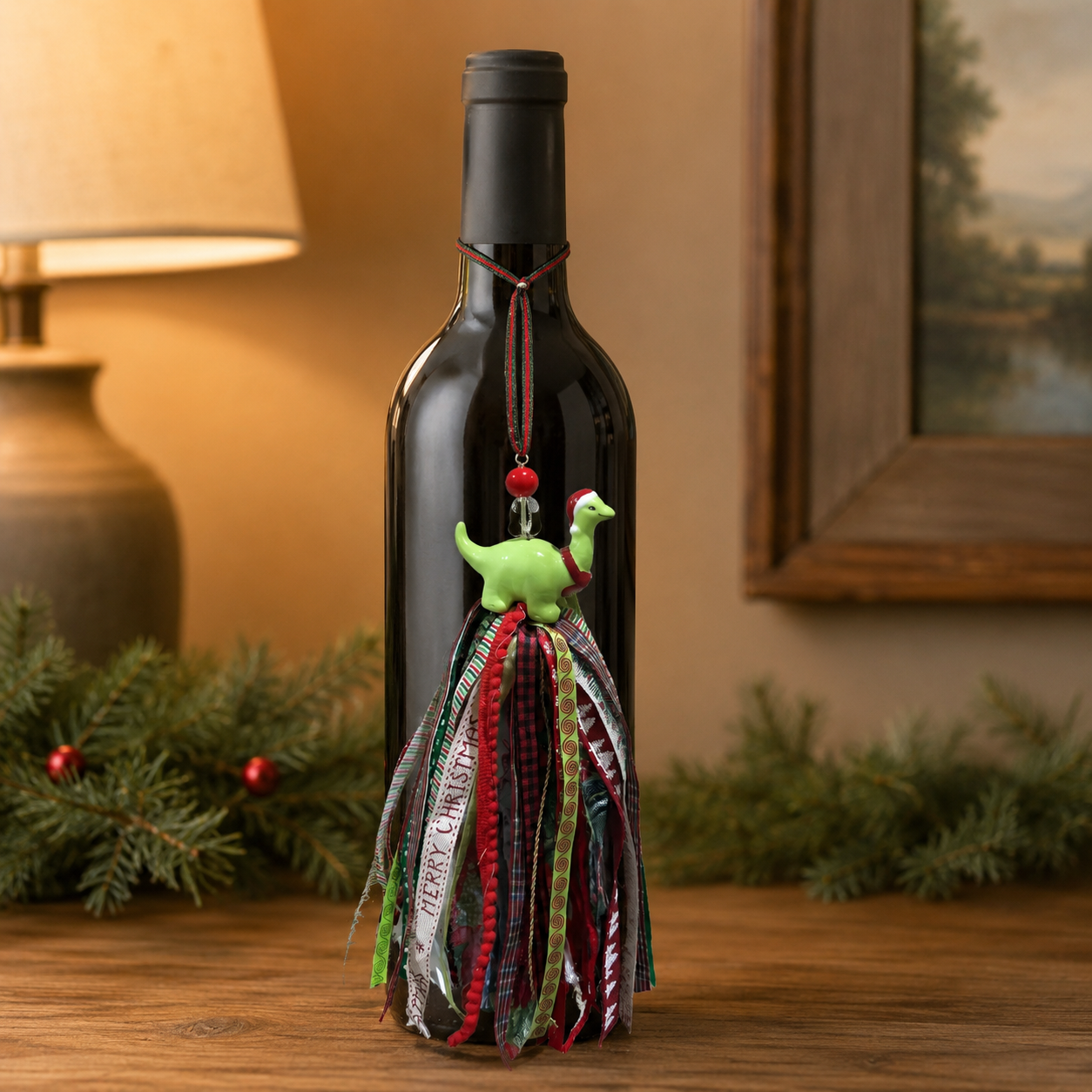 Dinosaur Holiday Cheer 07-green-dinosaur-christmas 04-wine-bottle